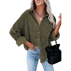 By The River Anthropologie Corduroy Shirt L Army Green Oversized Button Down